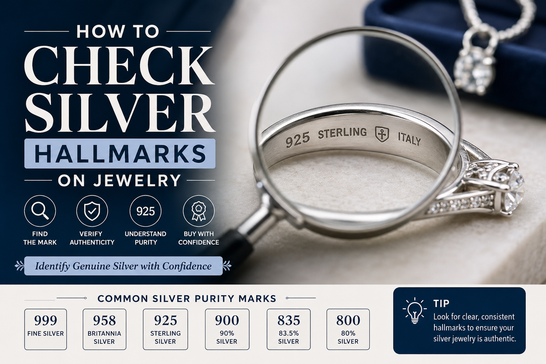 Person examining silver jewelry hallmark with magnifying glass to verify sterling silver authenticity and purity stamp