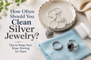 Silver jewelry cleaning guide with rings, necklace, polishing cloth, and cleaning tools arranged on a bright surface.