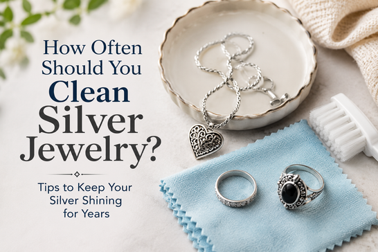Silver jewelry cleaning guide with rings, necklace, polishing cloth, and cleaning tools arranged on a bright surface.