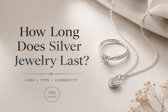 Assorted 925 sterling silver rings and necklaces on a clean, light background showcasing long-lasting quality jewelry