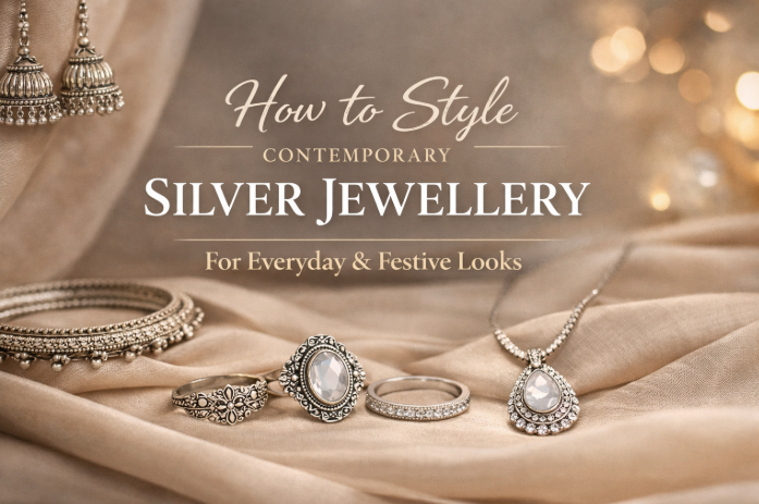 A person wearing layered contemporary silver necklaces and minimalist stud earrings against a neutral background