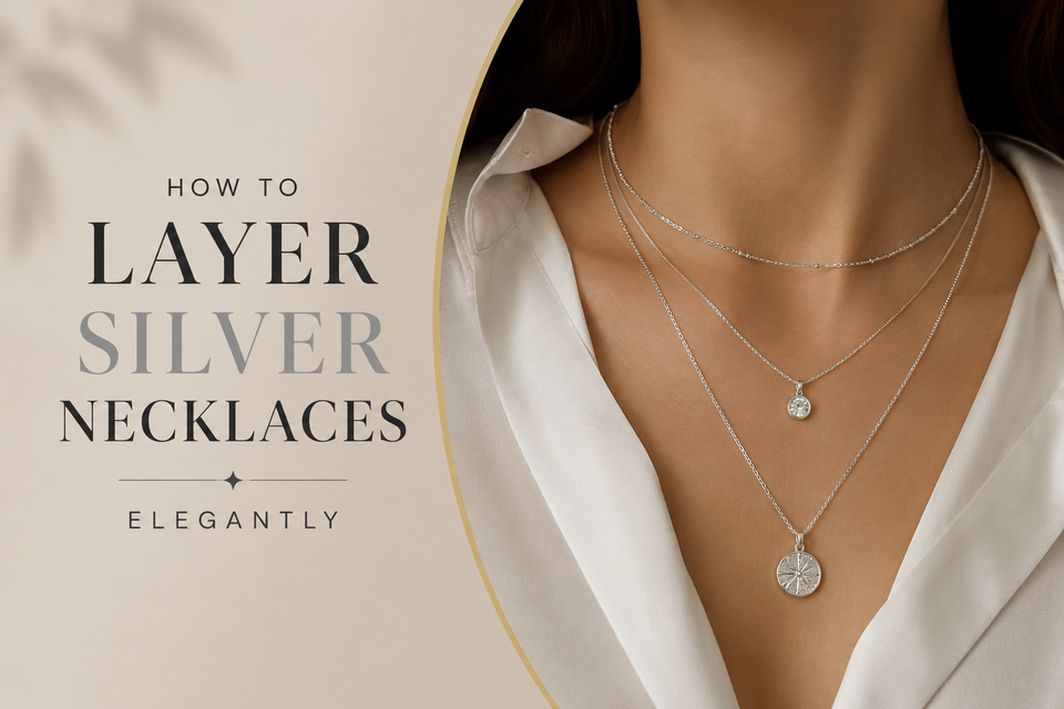 Woman wearing a chic combination of layered sterling silver necklaces