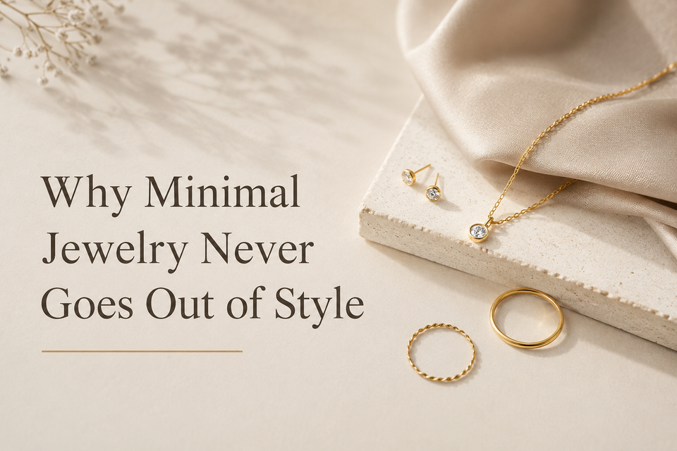 A collection of elegant minimalist gold jewelry including geometric rings, delicate chain necklaces, and simple studs on a clean background.