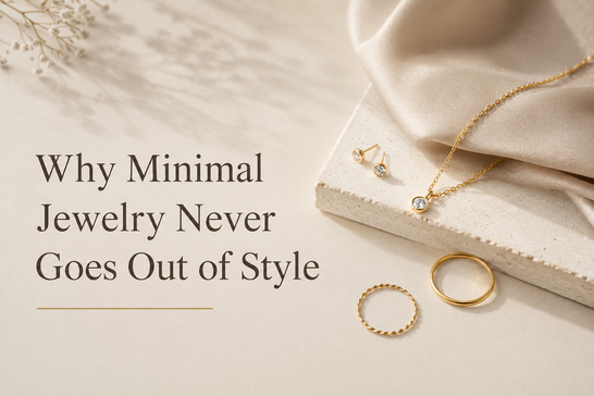 A collection of elegant minimalist gold jewelry including geometric rings, delicate chain necklaces, and simple studs on a clean background.