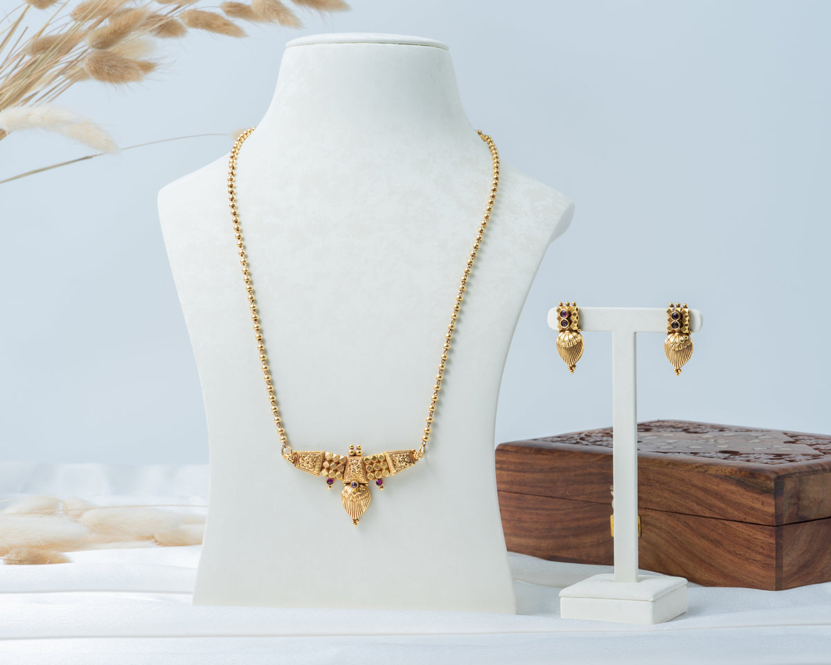 Gold-Plated Long Beaded Necklace Set with Traditional Pendant & Matching Earrings