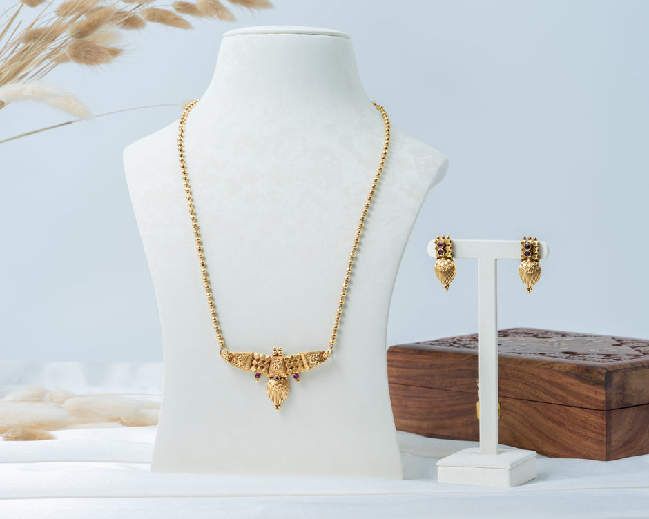 Gold-Plated Long Beaded Necklace Set with Traditional Pendant & Matching Earrings