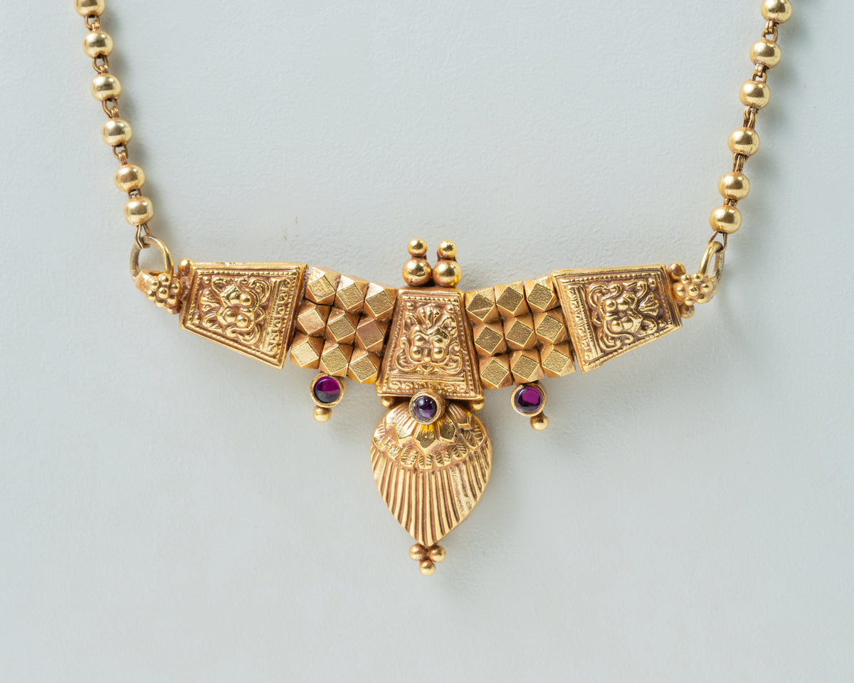 Gold-Plated Long Beaded Necklace Set with Traditional Pendant & Matching Earrings