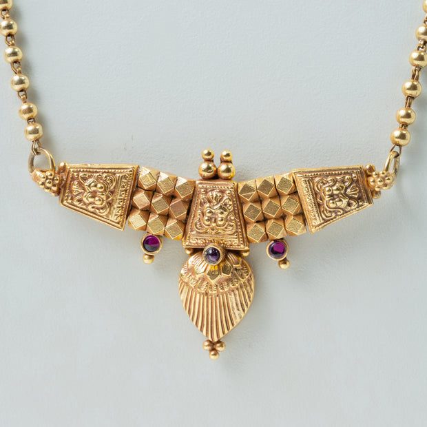 Gold-Plated Long Beaded Necklace Set with Traditional Pendant & Matching Earrings