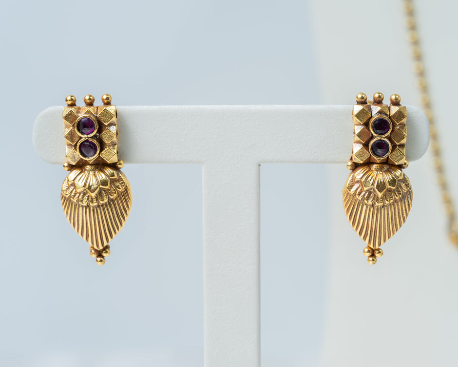 Gold-Plated Long Beaded Necklace Set with Traditional Pendant & Matching Earrings