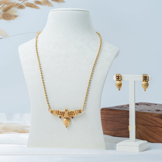 Gold-Plated Long Beaded Necklace Set with Traditional Pendant & Matching Earrings