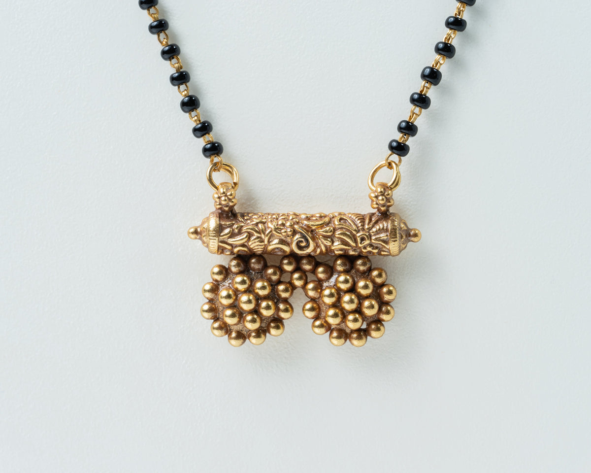 Single-Line Black Bead Mangalsutra Set with Gold-Plated Beaded Pendant & Stud Earrings