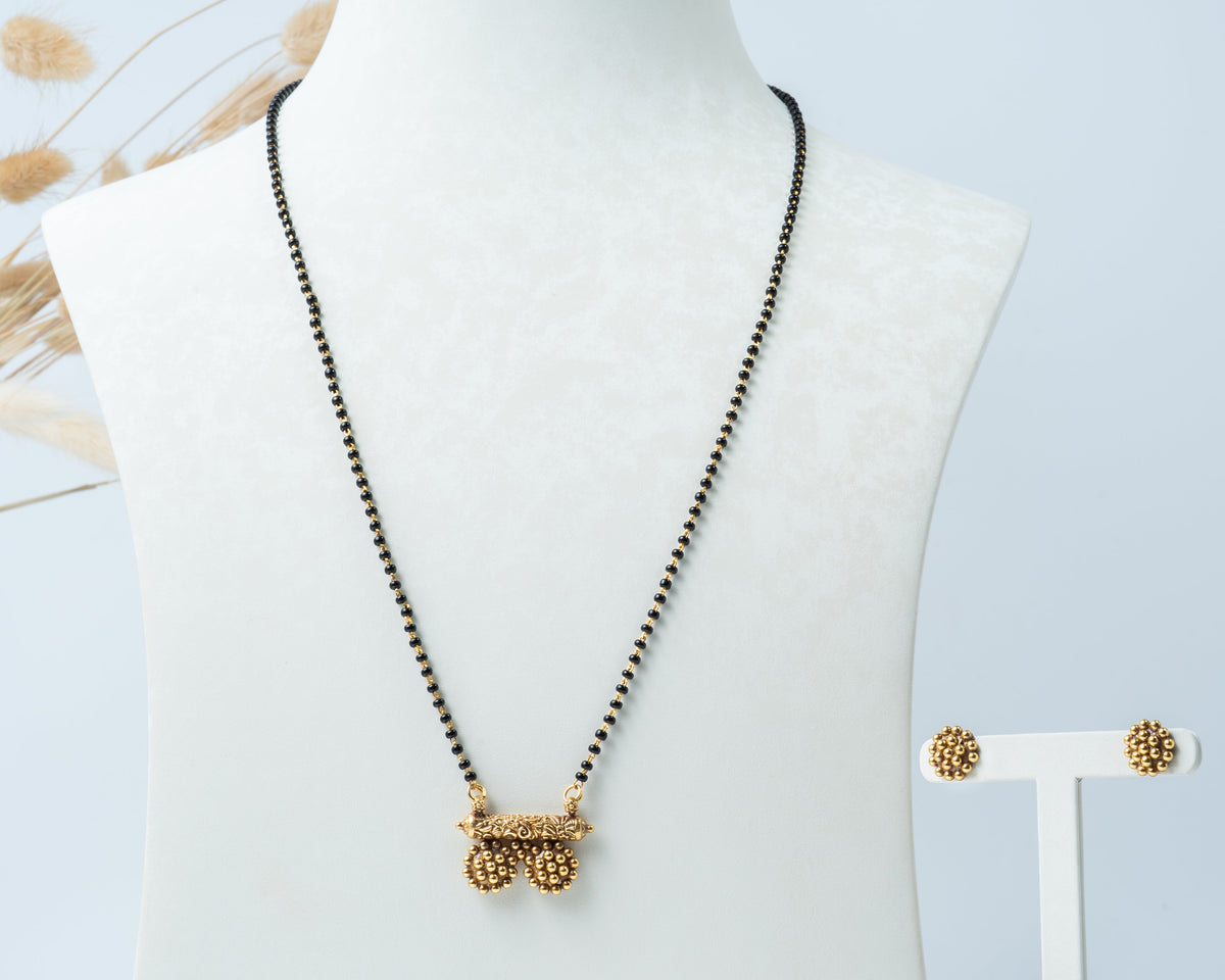 Single-Line Black Bead Mangalsutra Set with Gold-Plated Beaded Pendant & Stud Earrings