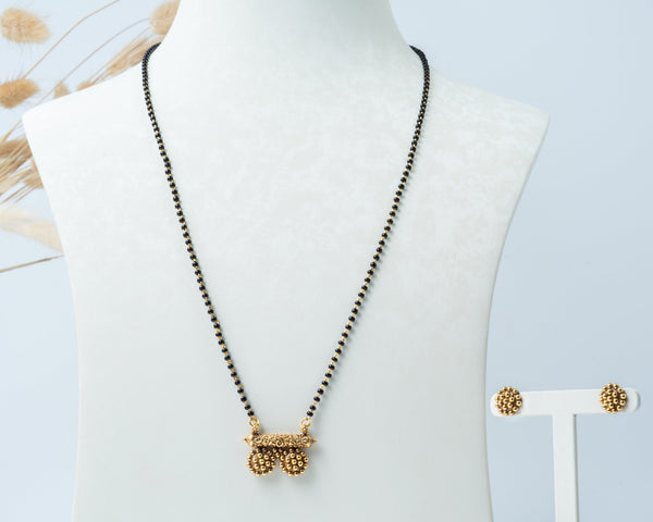 Single-Line Black Bead Mangalsutra Set with Gold-Plated Beaded Pendant & Stud Earrings