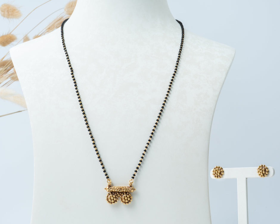 Single-Line Black Bead Mangalsutra Set with Gold-Plated Beaded Pendant & Stud Earrings