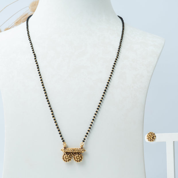 Single-Line Black Bead Mangalsutra Set with Gold-Plated Beaded Pendant & Stud Earrings
