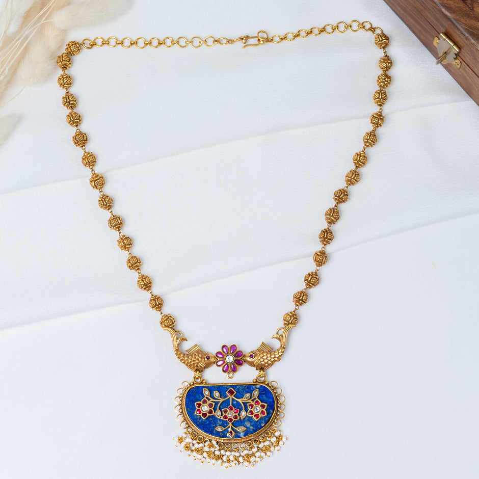 Antique Gold-Plated Double Fish Necklace with Blue Meenakari Pendant & Pearl Drops