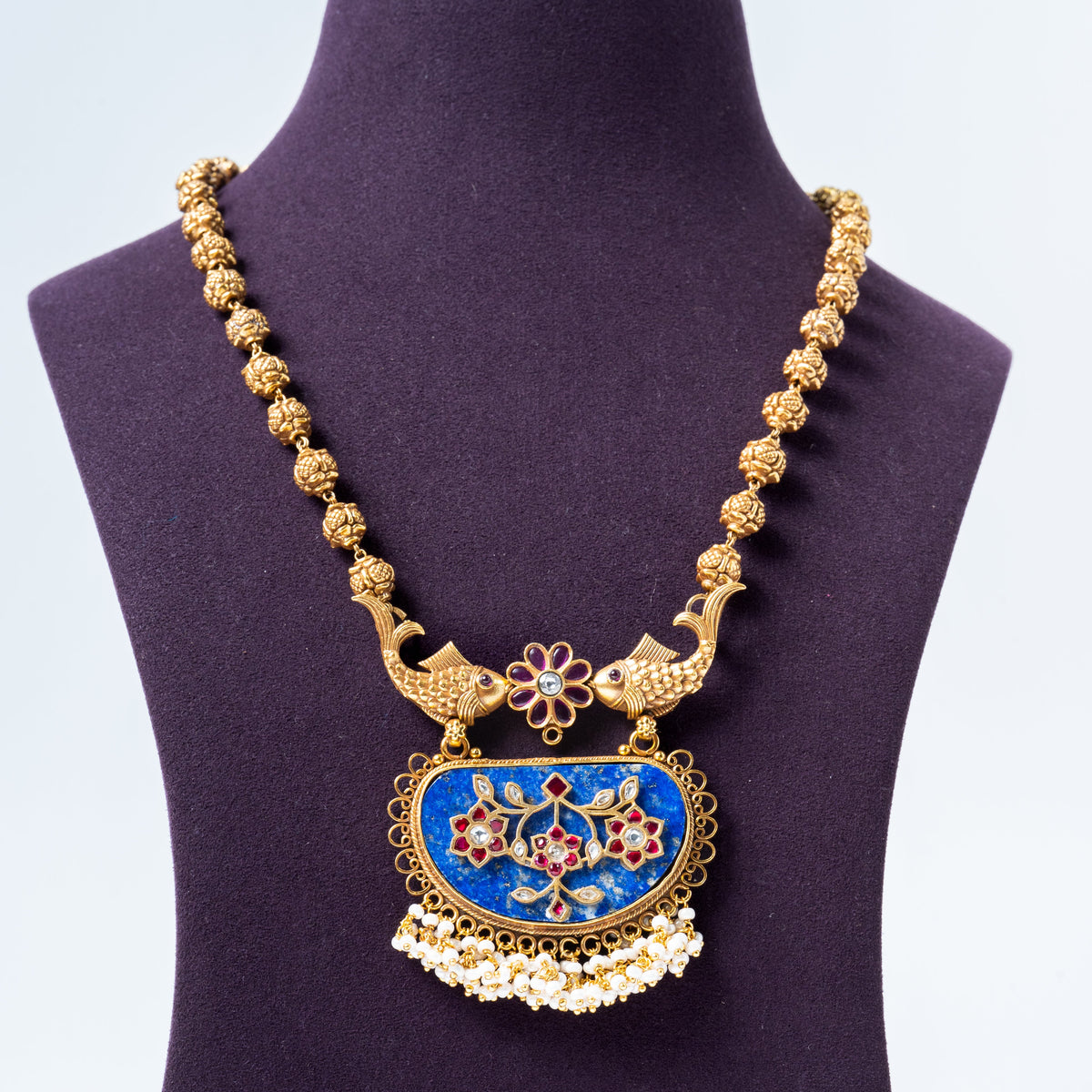 Antique Gold-Plated Double Fish Necklace with Blue Meenakari Pendant & Pearl Drops