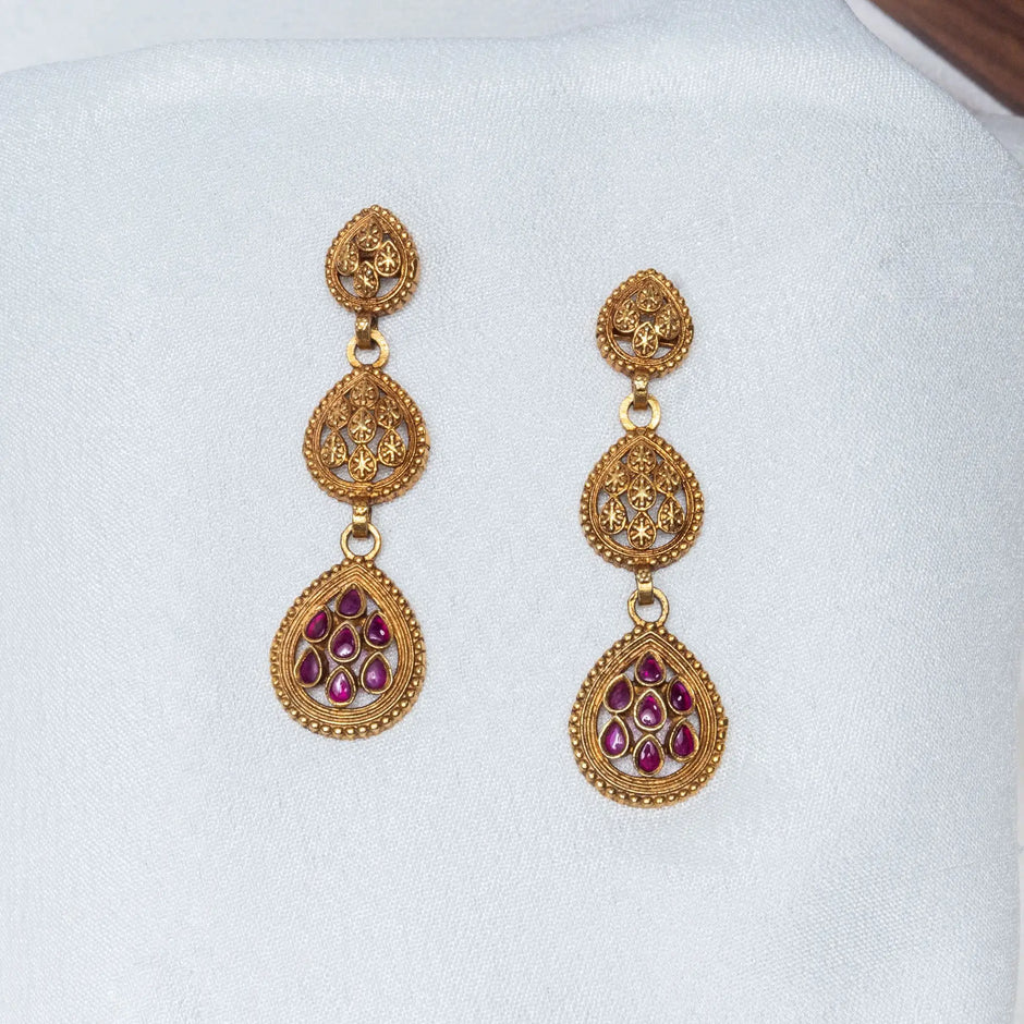 925 Premium Silver 3 Diya Ruby Earrings with Gold Finish