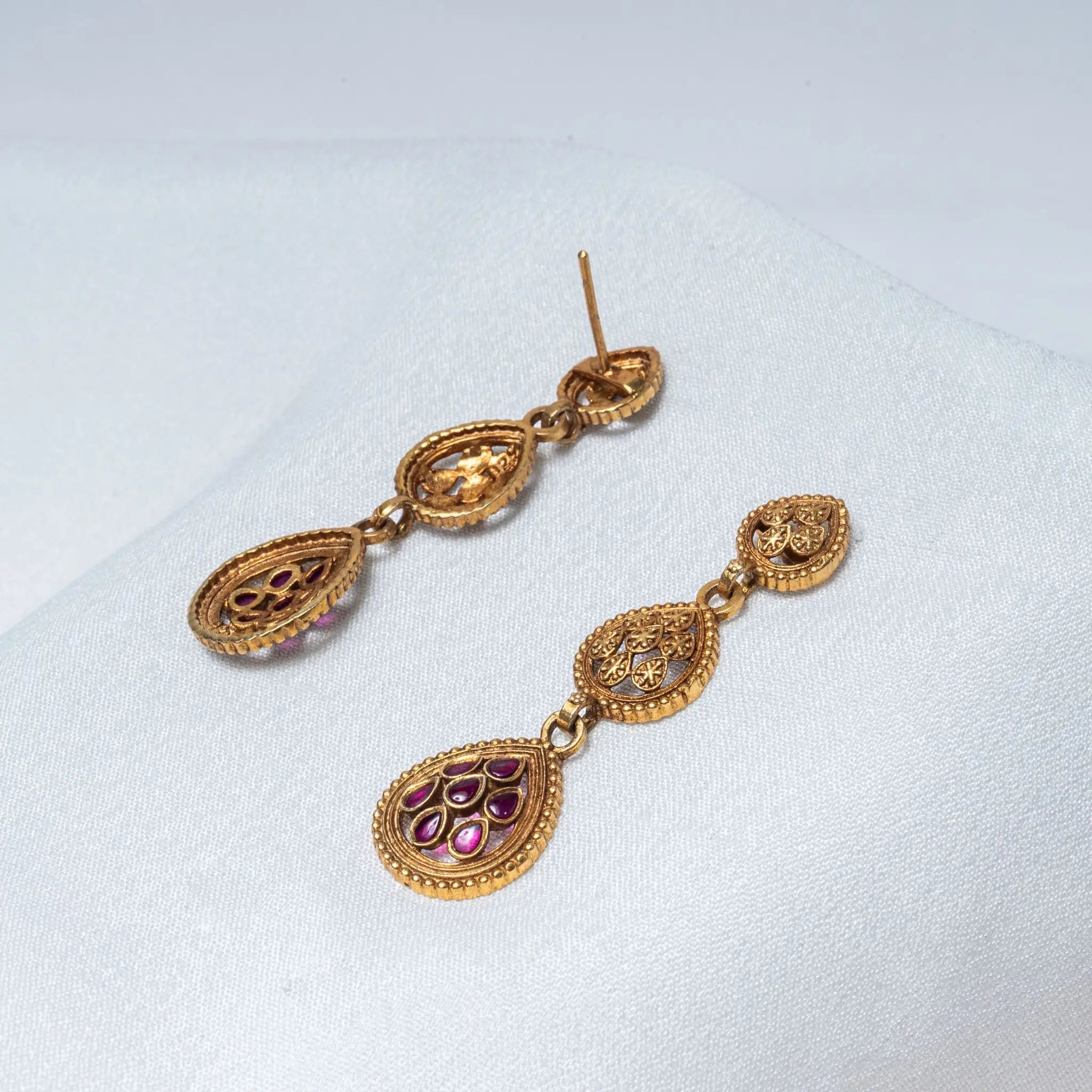 925 Premium Silver 3 Diya Ruby Earrings with Gold Finish