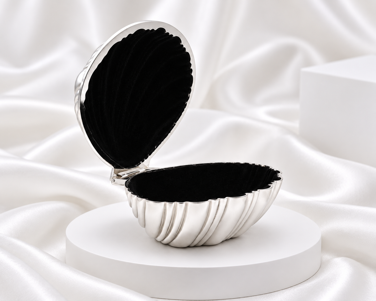 Silver Plated Shell Jewelry Box with Black Velvet Lining