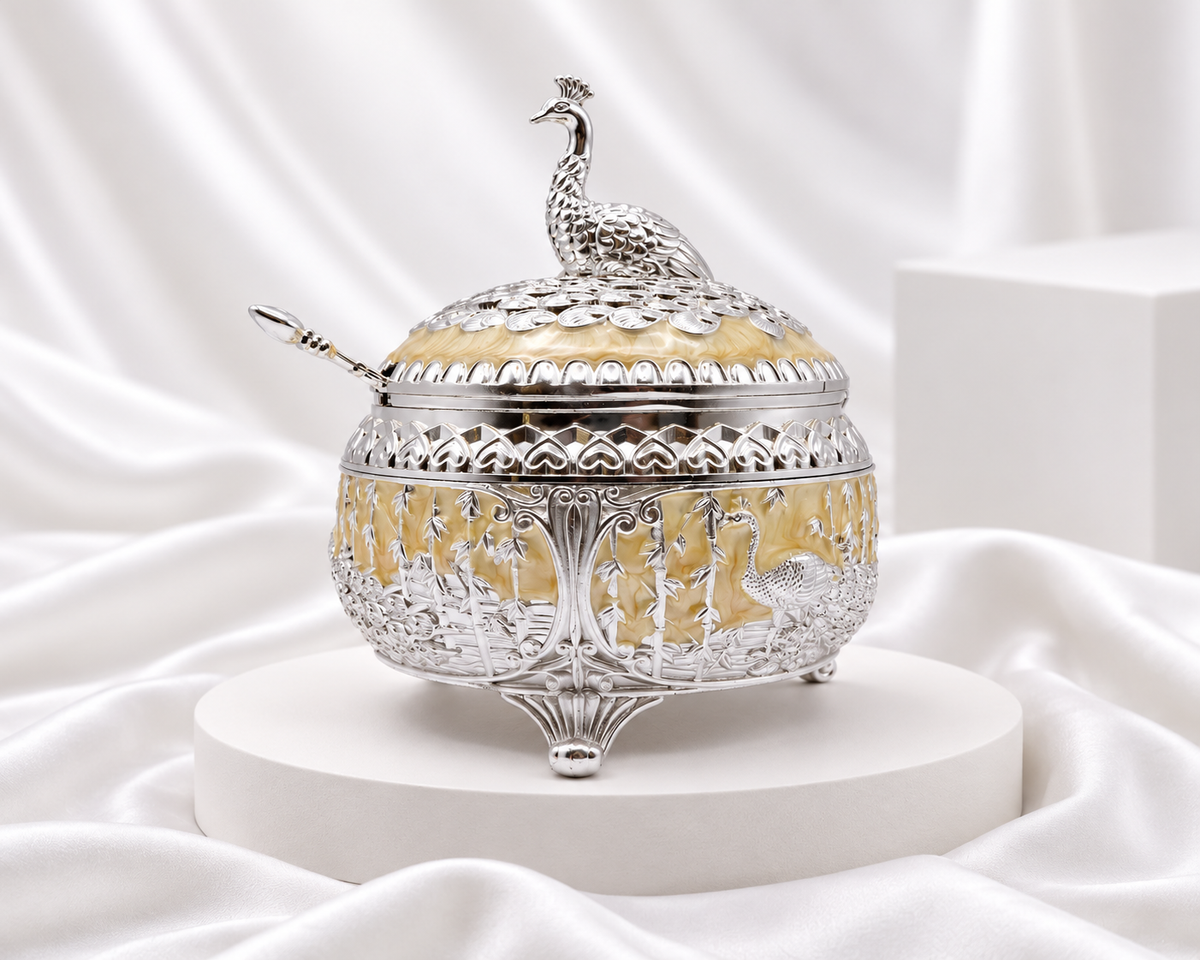 Ornate Silver Finish Peacock Serving Bowl with Lid & Spoon