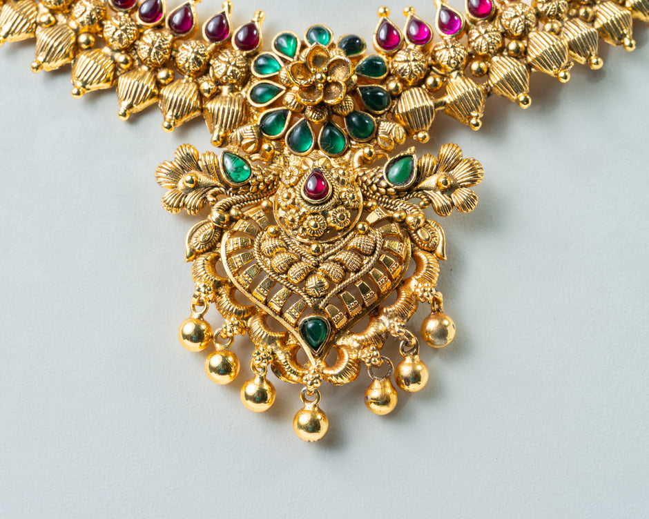 Antique Gold Floral Necklace with Ruby & Emerald Stones – 925 Silver Jewelry