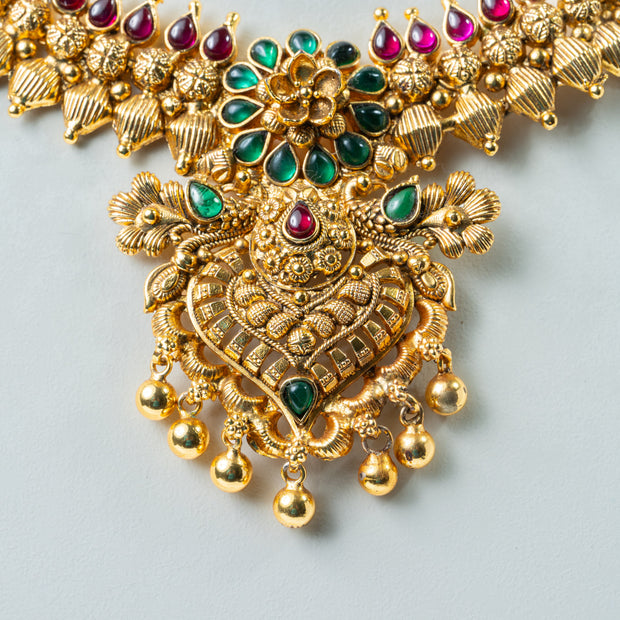 Antique Gold Floral Necklace with Ruby & Emerald Stones – 925 Silver Jewelry