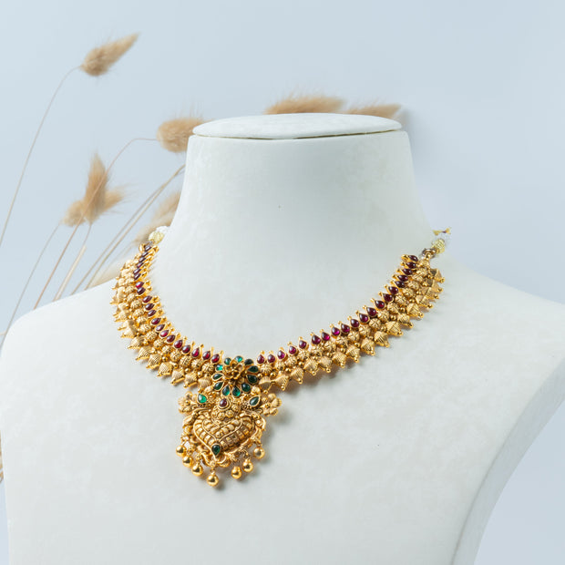 Antique Gold Floral Necklace with Ruby & Emerald Stones – 925 Silver Jewelry
