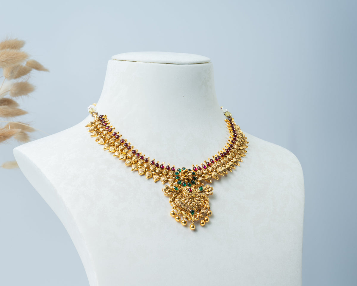 Antique Gold Floral Necklace with Ruby & Emerald Stones – 925 Silver Jewelry