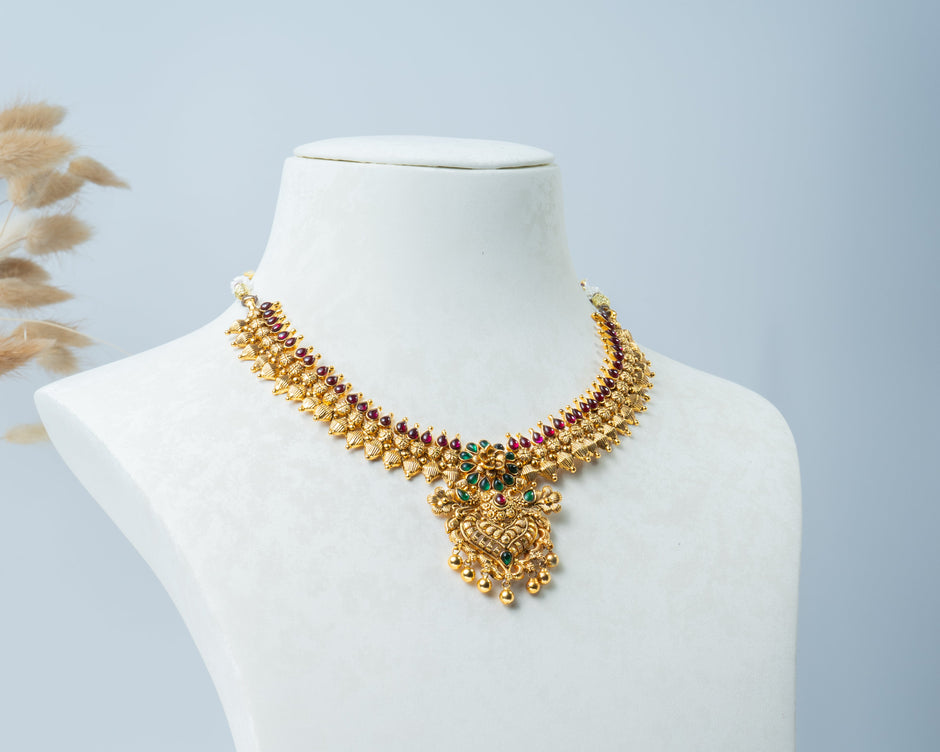 Antique Gold Floral Necklace with Ruby & Emerald Stones – 925 Silver Jewelry