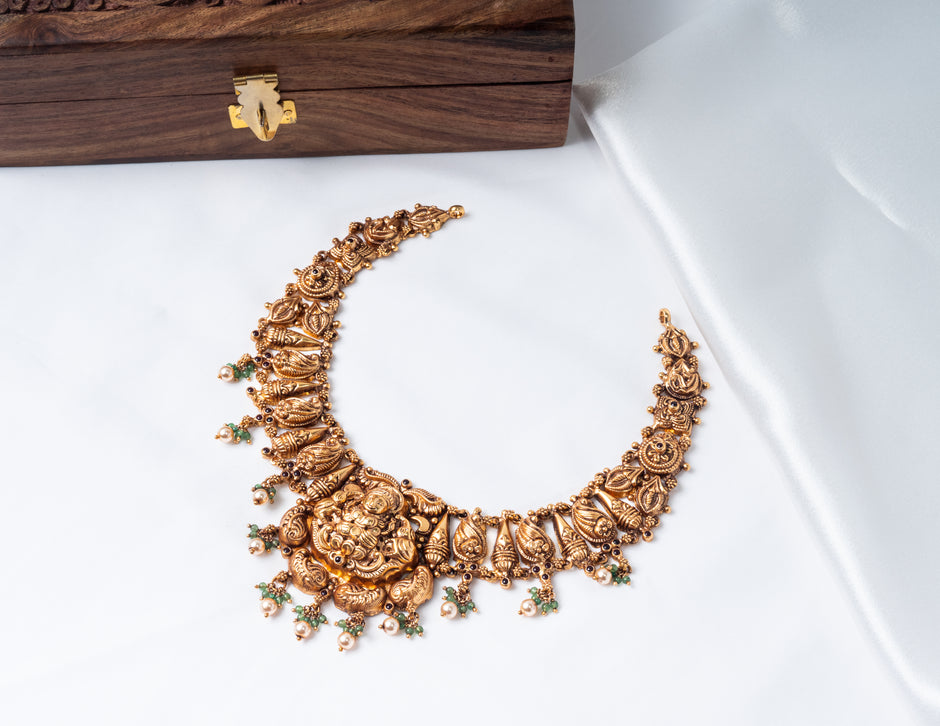Lakshmi Peacock Antique Gold-Plated 925 Silver Temple Necklace