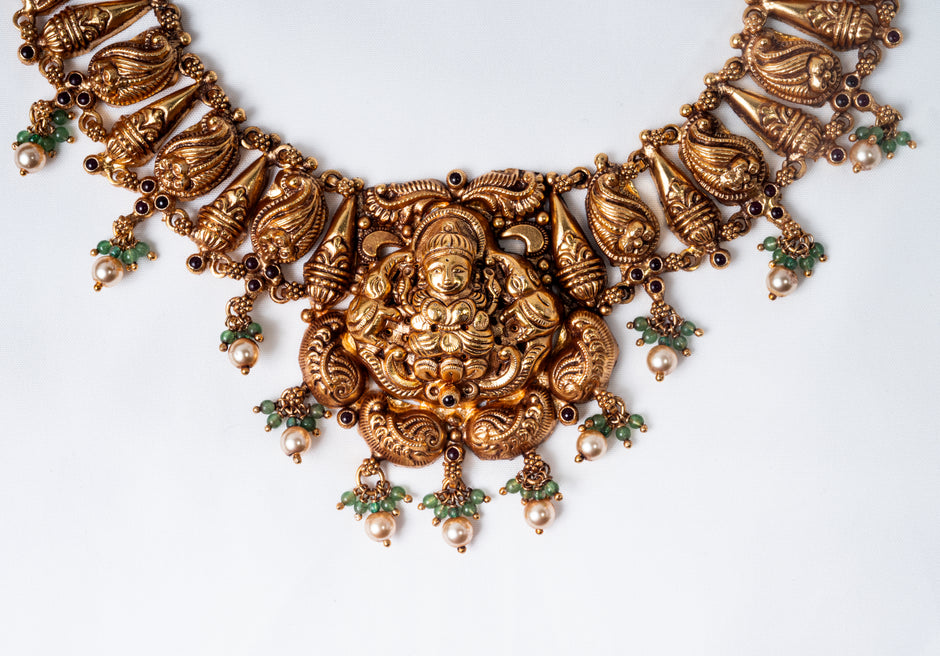 Lakshmi Peacock Antique Gold-Plated 925 Silver Temple Necklace