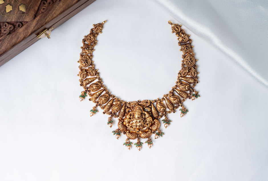 Lakshmi Peacock Antique Gold-Plated 925 Silver Temple Necklace