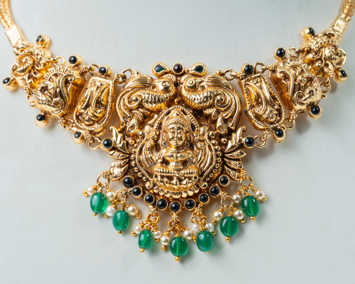 Lakshmi Temple Choker Necklace with Green Beads – 925 Silver Jewelry