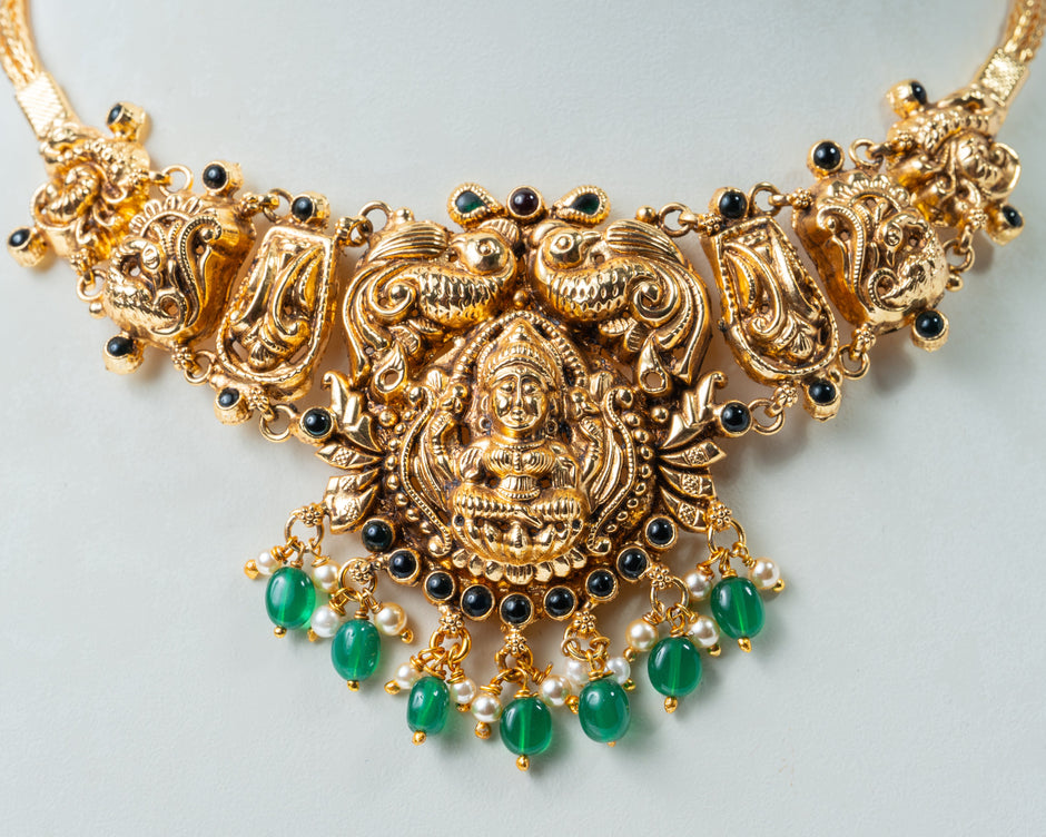 Lakshmi Temple Choker Necklace with Green Beads – 925 Silver Jewelry