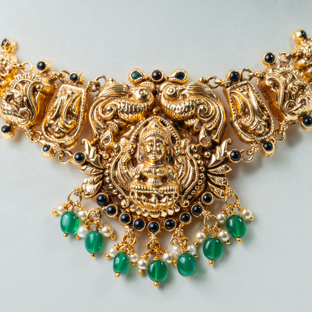 Lakshmi Temple Choker Necklace with Green Beads – 925 Silver Jewelry