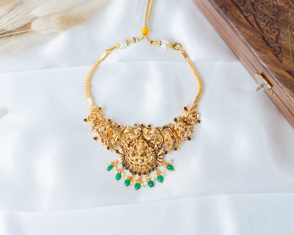 Lakshmi Temple Choker Necklace with Green Beads – 925 Silver Jewelry