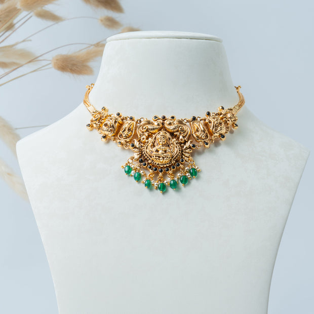 Lakshmi Temple Choker Necklace with Green Beads – 925 Silver Jewelry