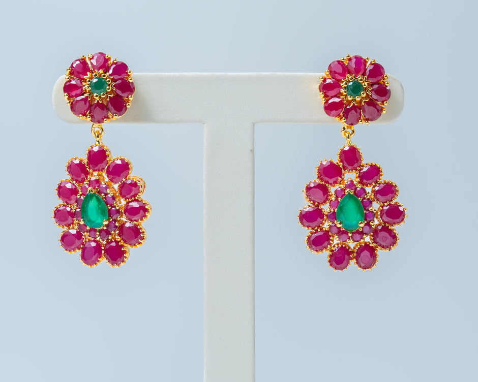 Gold-Plated Ruby Floral Drop Earrings with Emerald Green Stones