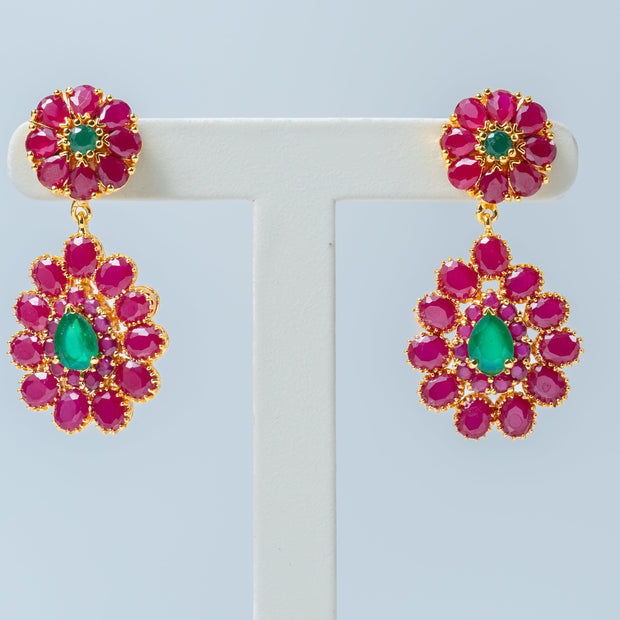 Gold-Plated Ruby Floral Drop Earrings with Emerald Green Stones