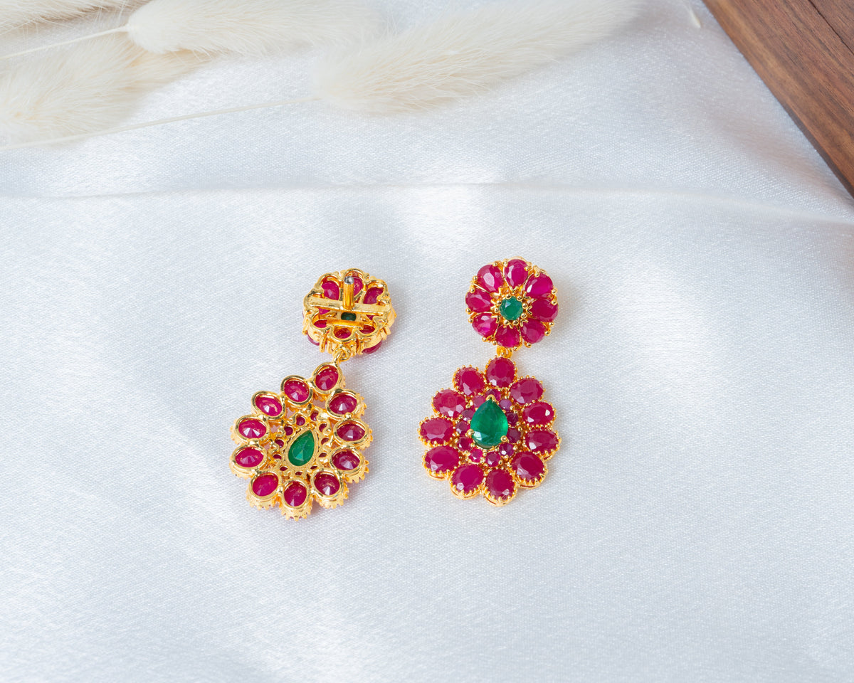 Gold-Plated Ruby Floral Drop Earrings with Emerald Green Stones