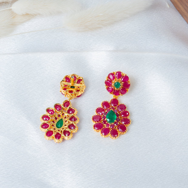 Gold-Plated Ruby Floral Drop Earrings with Emerald Green Stones
