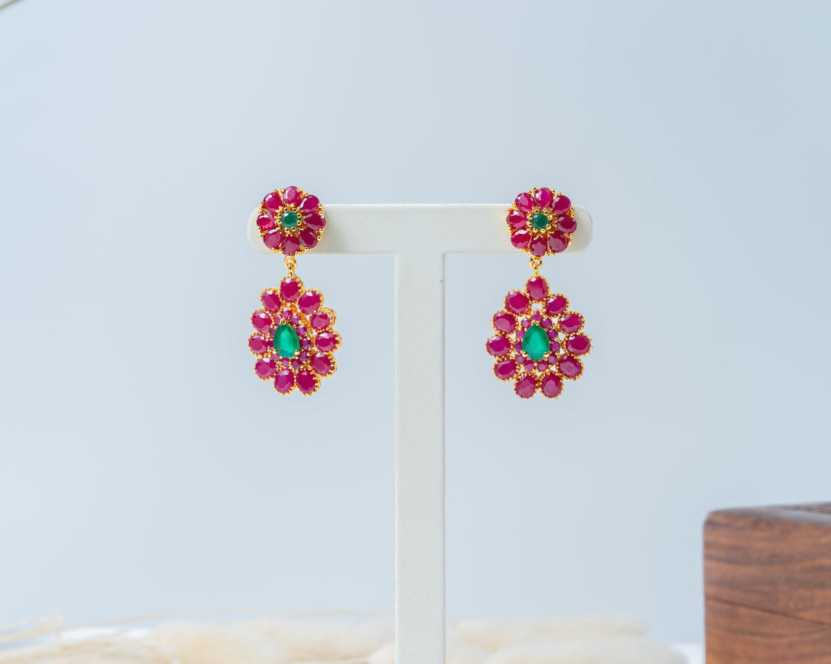 Gold-Plated Ruby Floral Drop Earrings with Emerald Green Stones