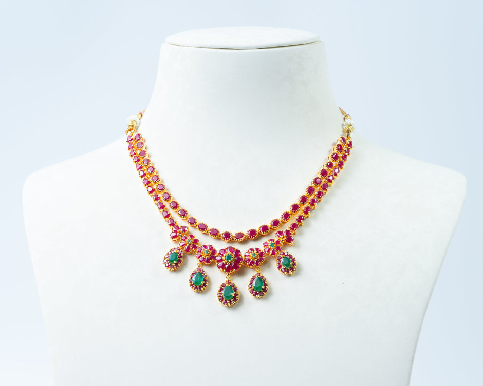 Gold-Plated Ruby & Emerald Double-Layer Necklace with Teardrop Stones