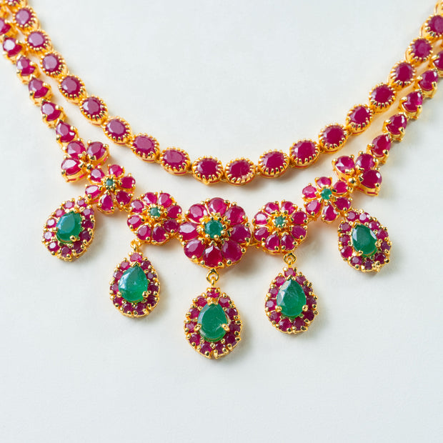 Gold-Plated Ruby & Emerald Double-Layer Necklace with Teardrop Stones
