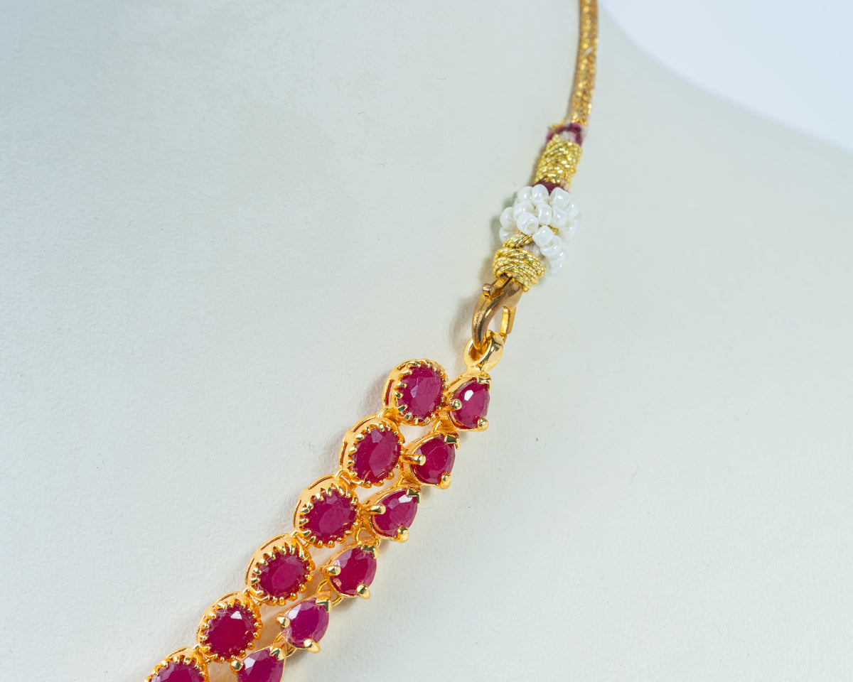 Gold-Plated Ruby & Emerald Double-Layer Necklace with Teardrop Stones