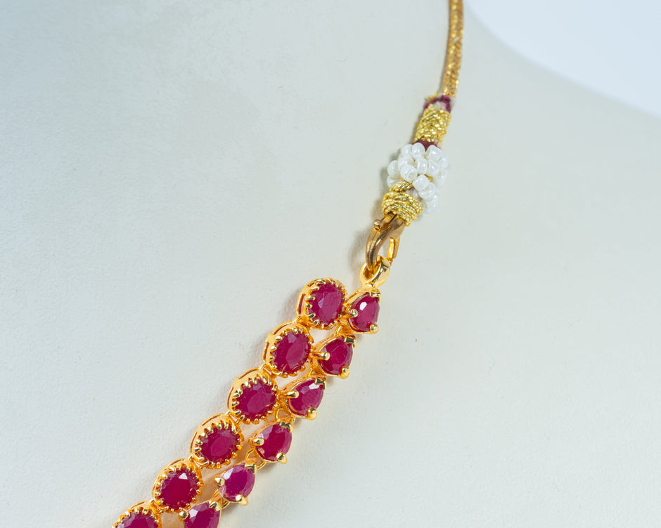 Gold-Plated Ruby & Emerald Double-Layer Necklace with Teardrop Stones