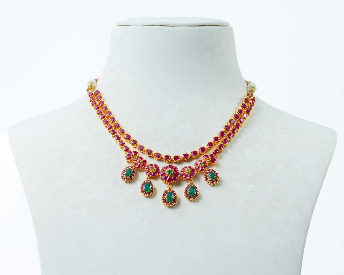 Gold-Plated Ruby & Emerald Double-Layer Necklace with Teardrop Stones