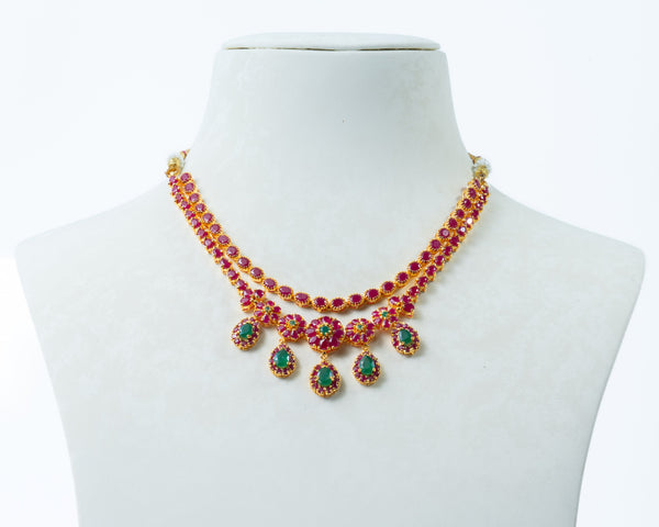 Gold-Plated Ruby & Emerald Double-Layer Necklace with Teardrop Stones