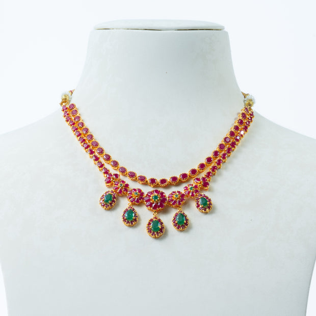 Gold-Plated Ruby & Emerald Double-Layer Necklace with Teardrop Stones